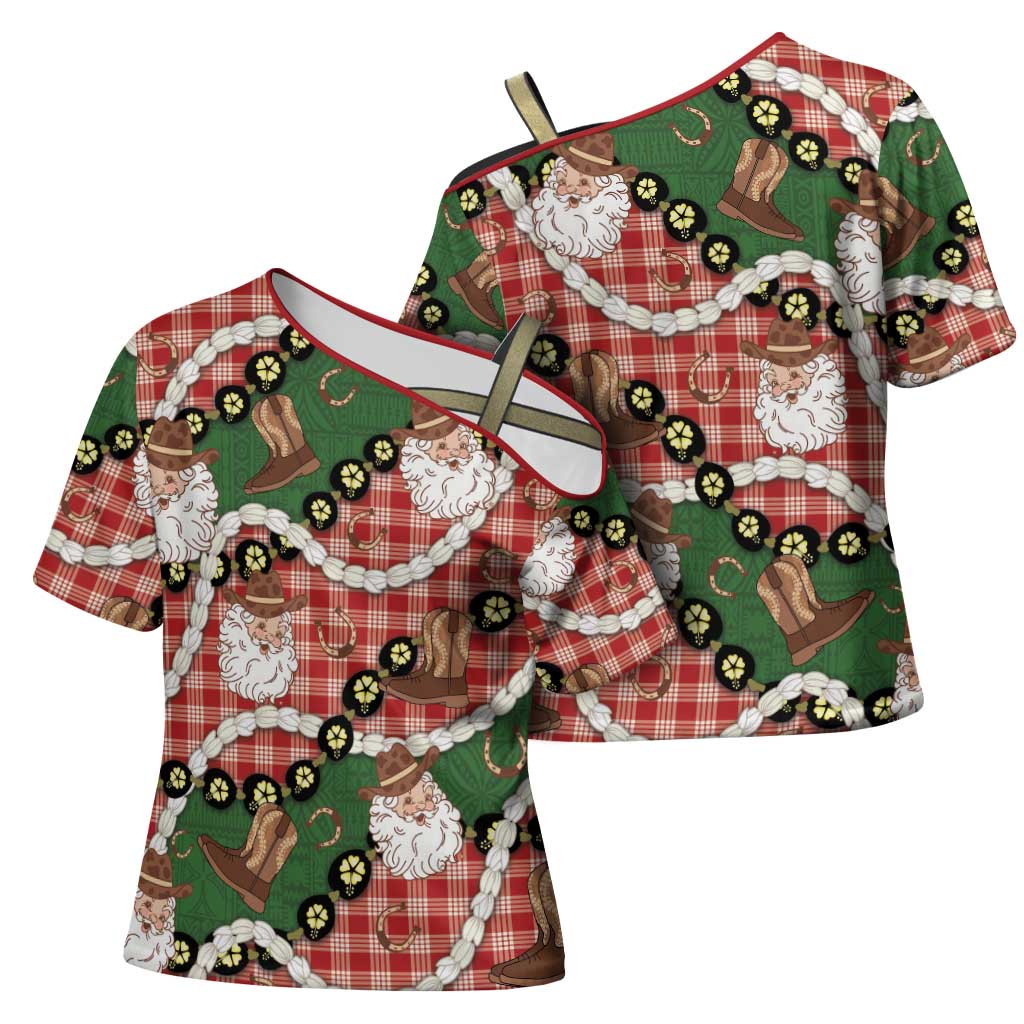 Cowboy Hawaii Mele Kalikimaka Cross Shoulder Shirt Paniolo Kukui Nut Pikake Lei Red Version LT14 - Polynesian Pride