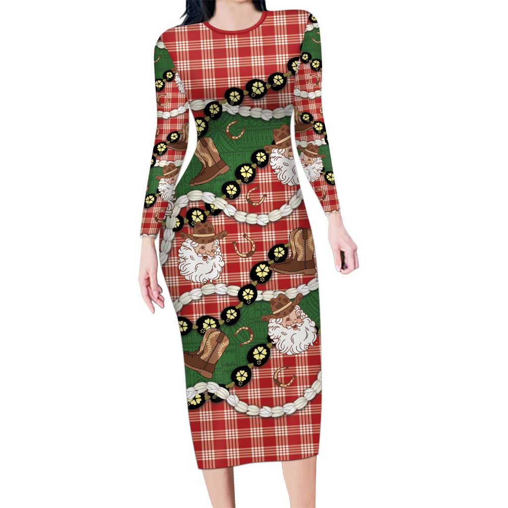 Cowboy Hawaii Mele Kalikimaka Family Matching Long Sleeve Bodycon Dress and Hawaiian Shirt Paniolo Kukui Nut Pikake Lei Red Version - Polynesian Pride