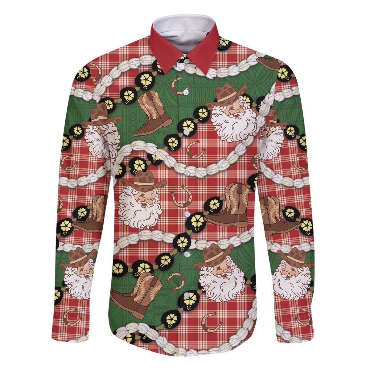 Cowboy Hawaii Mele Kalikimaka Family Matching Off The Shoulder Long Sleeve Dress and Hawaiian Shirt Paniolo Kukui Nut Pikake Lei Red Version - Polynesian Pride