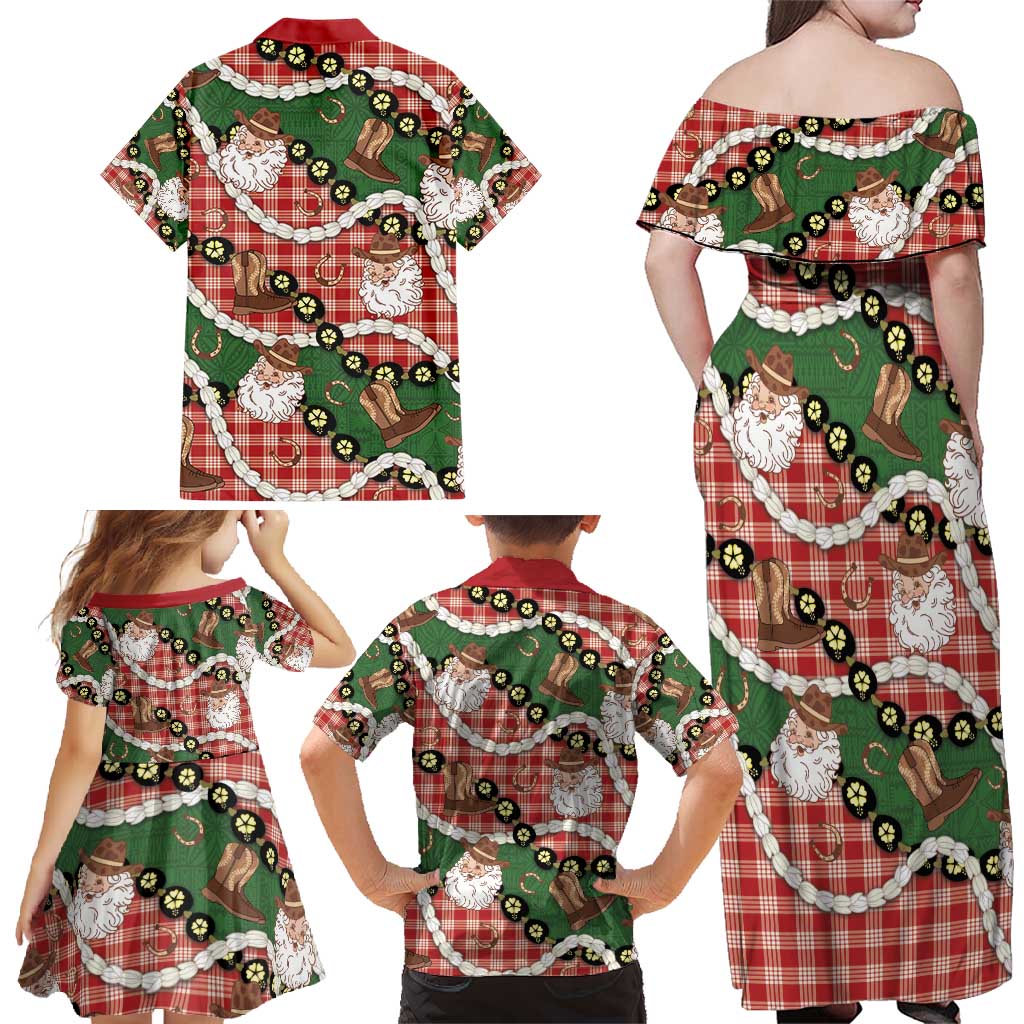 Cowboy Hawaii Mele Kalikimaka Family Matching Off Shoulder Maxi Dress and Hawaiian Shirt Paniolo Kukui Nut Pikake Lei Red Version - Polynesian Pride
