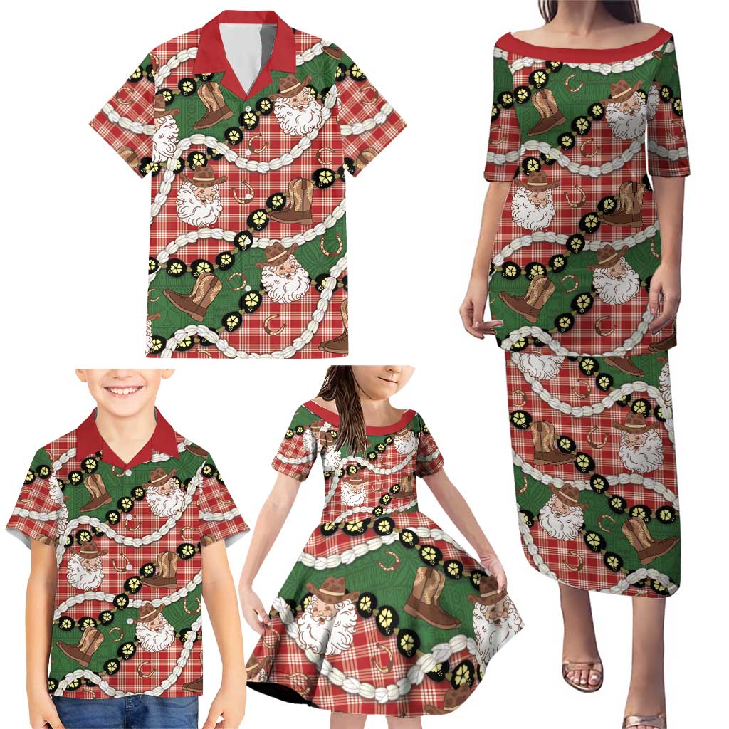 Cowboy Hawaii Mele Kalikimaka Family Matching Puletasi and Hawaiian Shirt Paniolo Kukui Nut Pikake Lei Red Version - Polynesian Pride