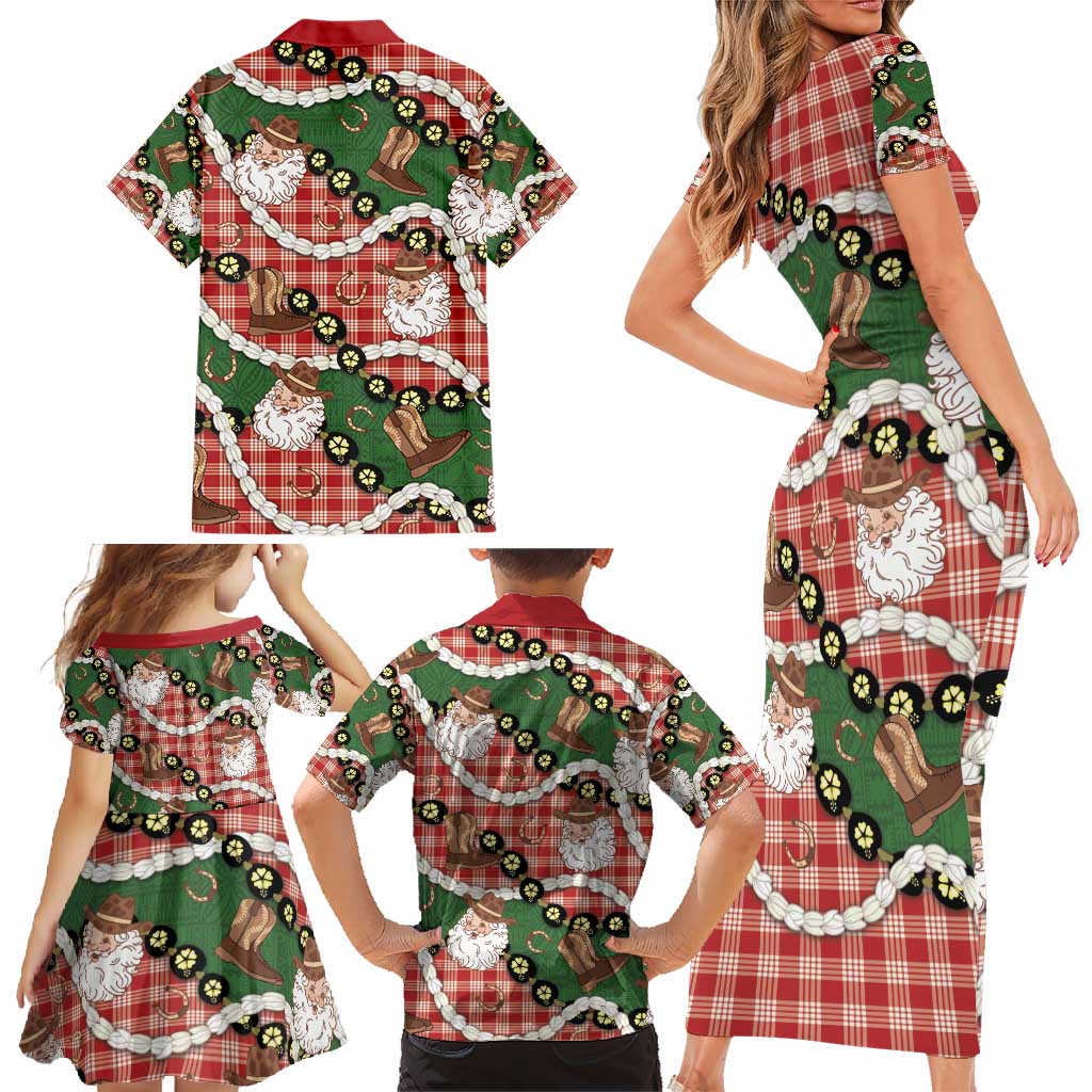 Cowboy Hawaii Mele Kalikimaka Family Matching Short Sleeve Bodycon Dress and Hawaiian Shirt Paniolo Kukui Nut Pikake Lei Red Version - Polynesian Pride