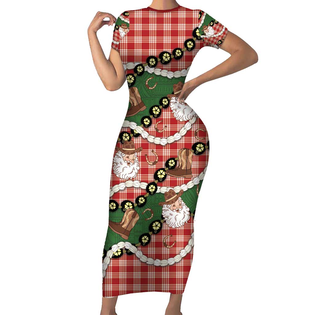 Cowboy Hawaii Mele Kalikimaka Family Matching Short Sleeve Bodycon Dress and Hawaiian Shirt Paniolo Kukui Nut Pikake Lei Red Version - Polynesian Pride