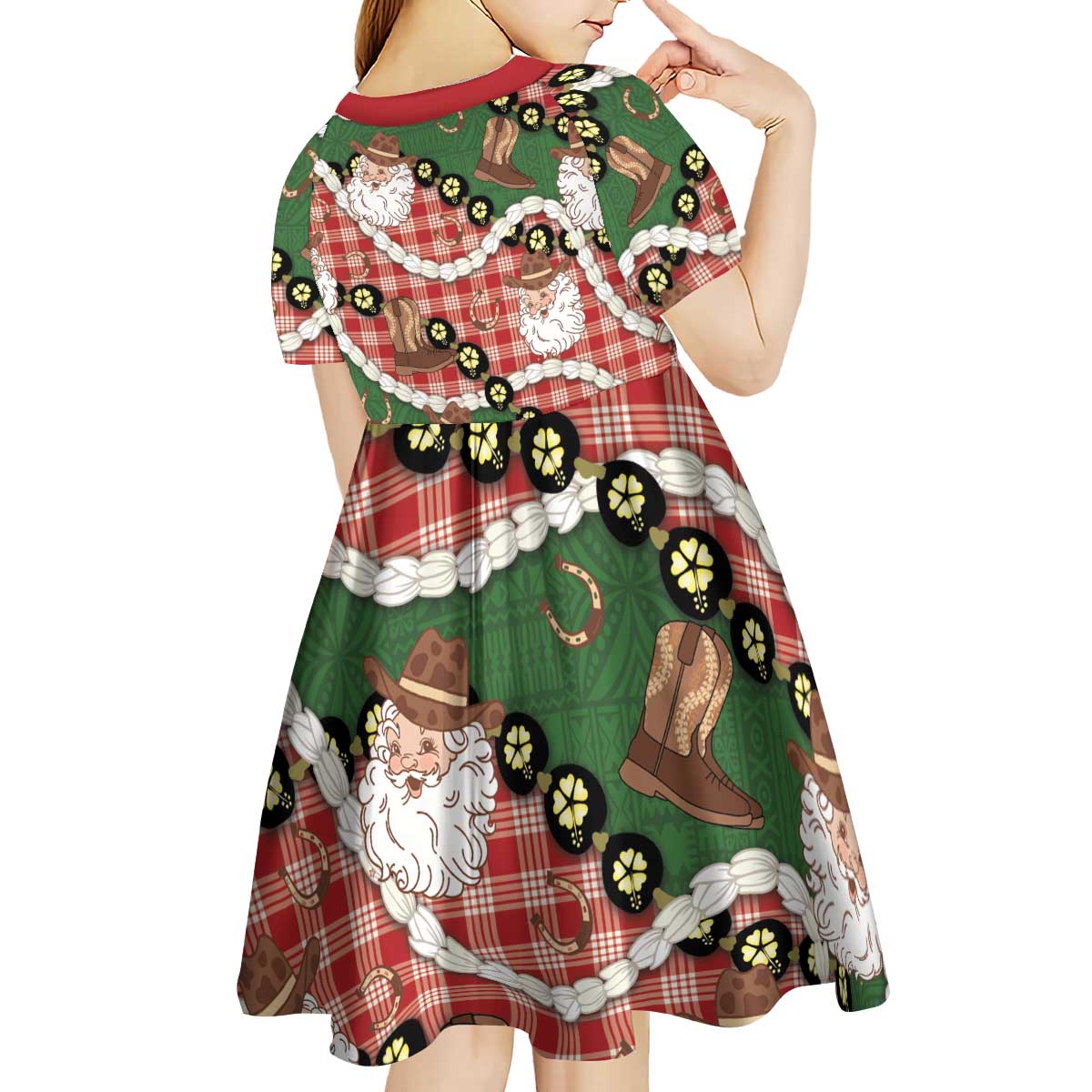 Cowboy Hawaii Mele Kalikimaka Kid Short Sleeve Dress Paniolo Kukui Nut Pikake Lei Red Version - Polynesian Pride