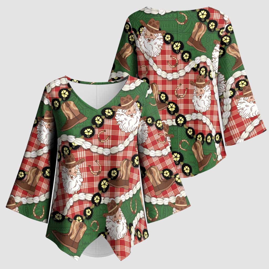 Cowboy Hawaii Mele Kalikimaka Kimono Sleeve Blouse Paniolo Kukui Nut Pikake Lei Red Version LT14 - Polynesian Pride