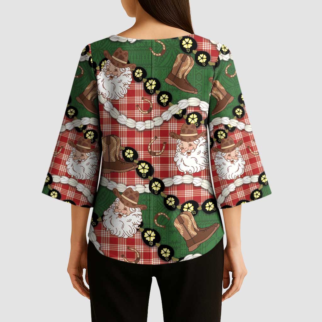 Cowboy Hawaii Mele Kalikimaka Kimono Sleeve Blouse Paniolo Kukui Nut Pikake Lei Red Version LT14 - Polynesian Pride