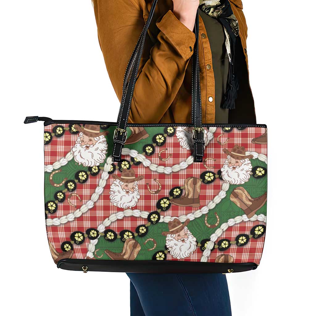 Cowboy Hawaii Mele Kalikimaka Leather Tote Bag Paniolo Kukui Nut Pikake Lei Red Version - Polynesian Pride