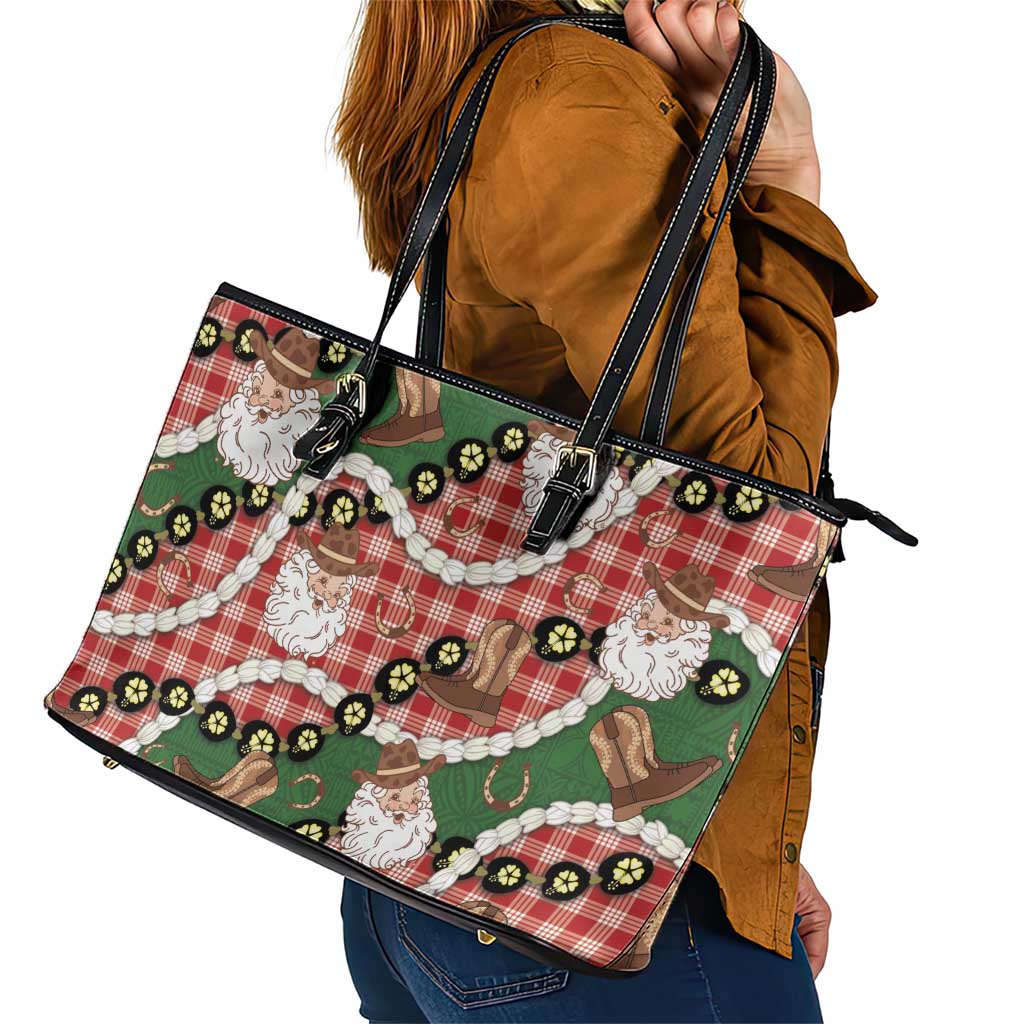 Cowboy Hawaii Mele Kalikimaka Leather Tote Bag Paniolo Kukui Nut Pikake Lei Red Version - Polynesian Pride