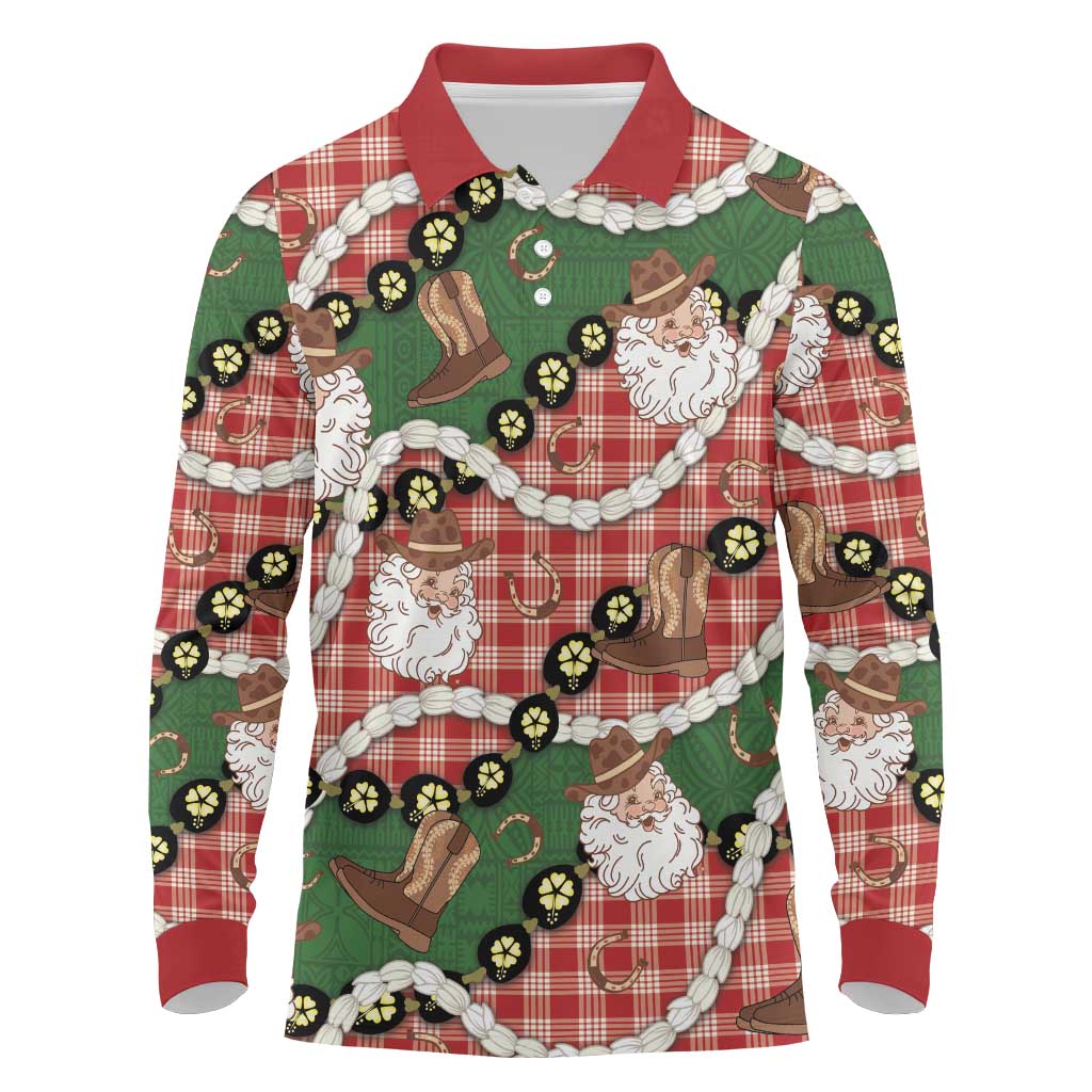Cowboy Hawaii Mele Kalikimaka Long Sleeve Polo Shirt Paniolo Kukui Nut Pikake Lei Red Version LT14 Red - Polynesian Pride