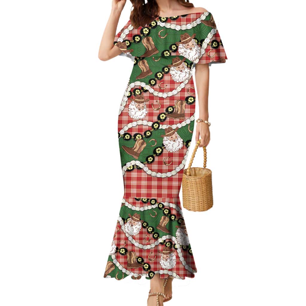 Cowboy Hawaii Mele Kalikimaka Mermaid Dress Paniolo Kukui Nut Pikake Lei Red Version - Polynesian Pride