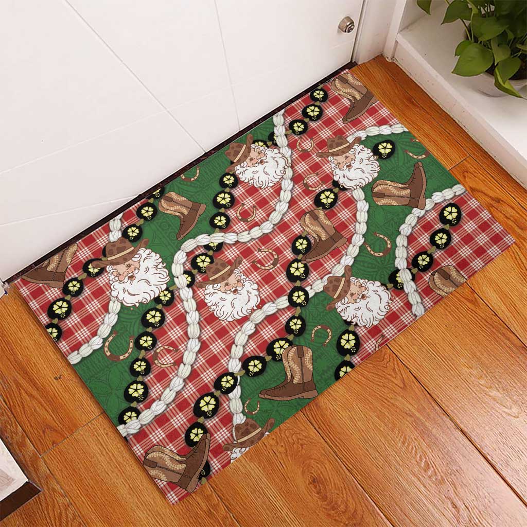 Cowboy Hawaii Mele Kalikimaka Rubber Doormat Paniolo Kukui Nut Pikake Lei Red Version LT14 - Polynesian Pride