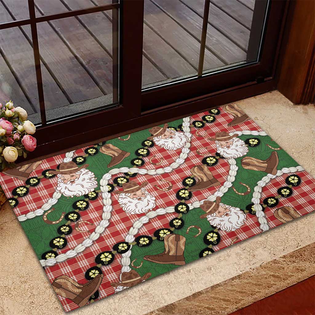Cowboy Hawaii Mele Kalikimaka Rubber Doormat Paniolo Kukui Nut Pikake Lei Red Version LT14 - Polynesian Pride