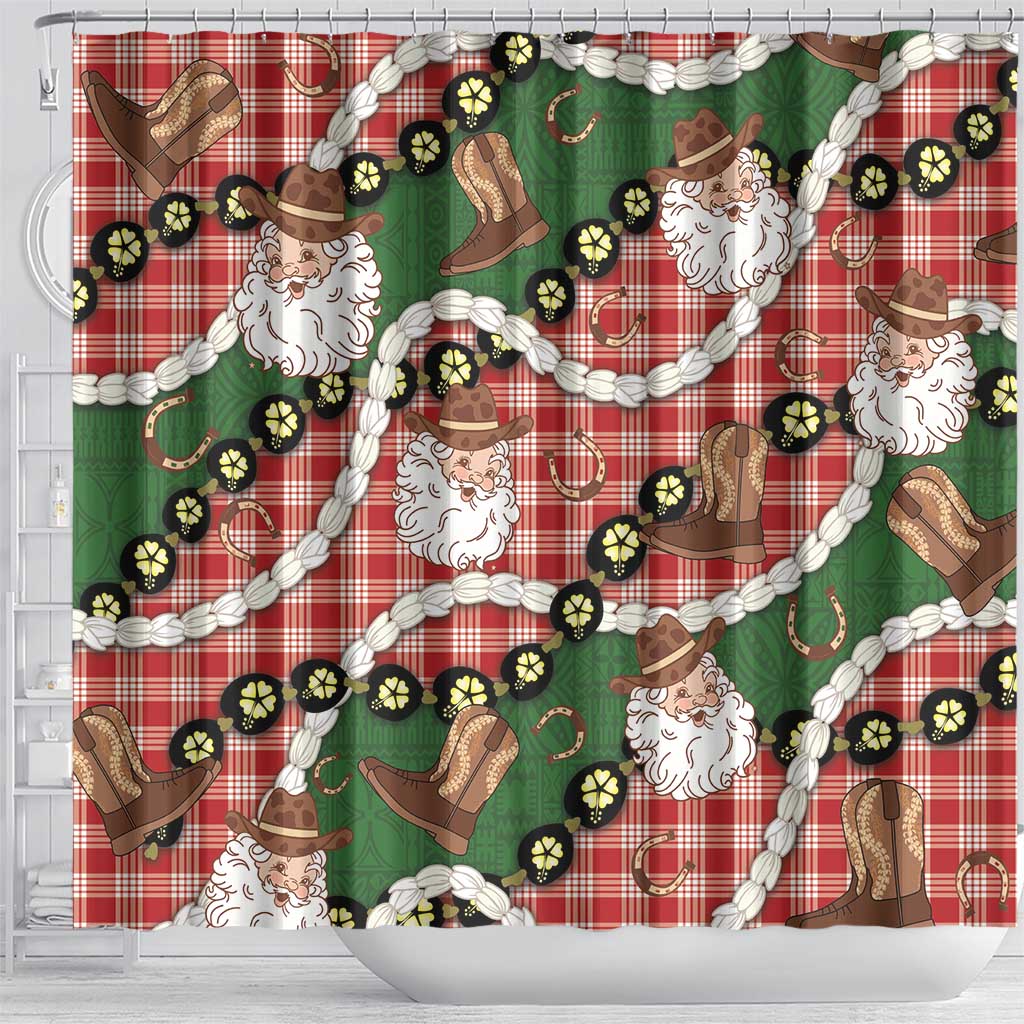 Cowboy Hawaii Mele Kalikimaka Shower Curtain Paniolo Kukui Nut Pikake Lei Red Version - Polynesian Pride
