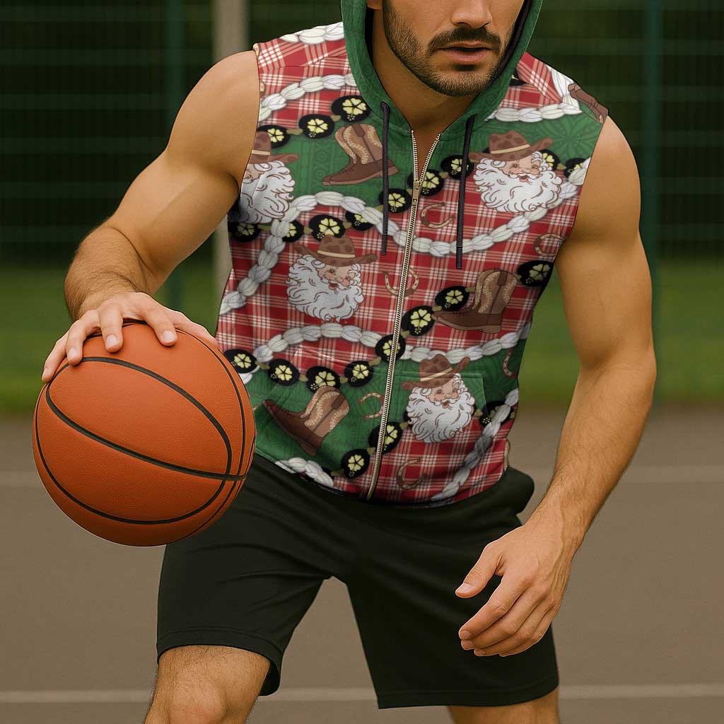 Cowboy Hawaii Mele Kalikimaka Sleeveless Zip Hoodie Paniolo Kukui Nut Pikake Lei Red Version - Polynesian Pride