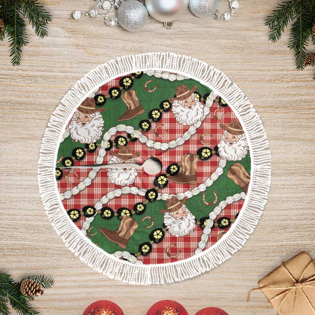 Cowboy Hawaii Mele Kalikimaka Tree Skirt Paniolo Kukui Nut Pikake Lei Red Version LT14 Fringed Red - Polynesian Pride
