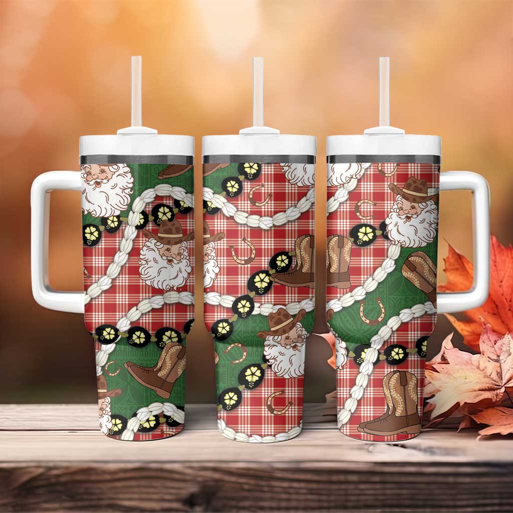 Cowboy Hawaii Mele Kalikimaka Tumbler With Handle Paniolo Kukui Nut Pikake Lei Red Version - Polynesian Pride