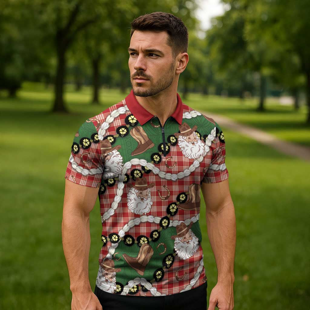 Cowboy Hawaii Mele Kalikimaka Zipper Polo Shirt Paniolo Kukui Nut Pikake Lei Red Version LT14 - Polynesian Pride