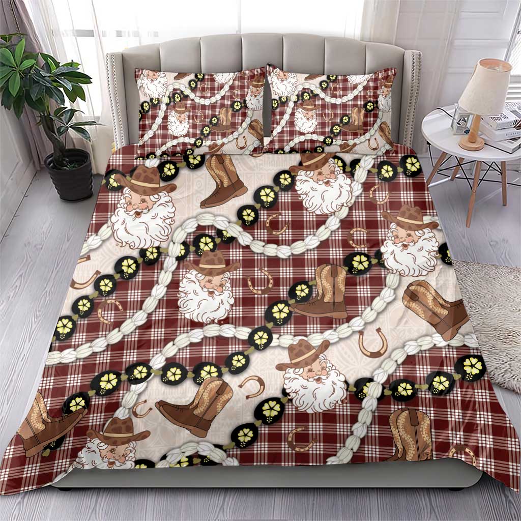 Cowboy Hawaii Mele Kalikimaka Bedding Set Paniolo Kukui Nut Pikake Lei Burgundy Version - Polynesian Pride