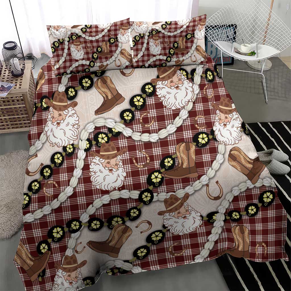 Cowboy Hawaii Mele Kalikimaka Bedding Set Paniolo Kukui Nut Pikake Lei Burgundy Version - Polynesian Pride