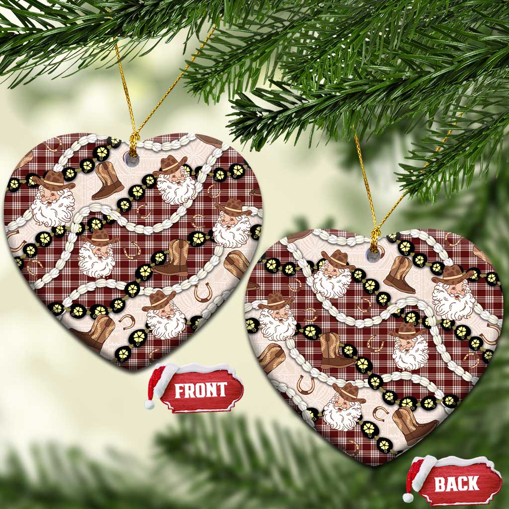 Cowboy Hawaii Mele Kalikimaka Ceramic Ornament Paniolo Kukui Nut Pikake Lei Burgundy Version - Polynesian Pride