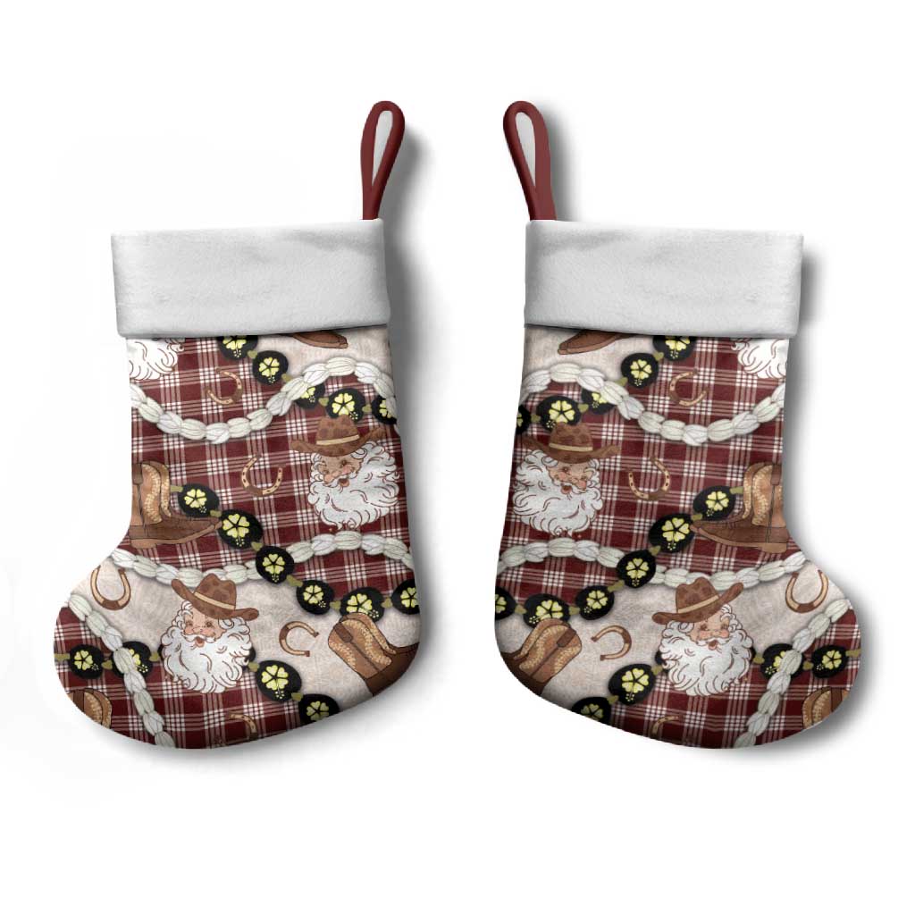 Cowboy Hawaii Mele Kalikimaka Christmas Stocking Paniolo Kukui Nut Pikake Lei Burgundy Version - Polynesian Pride