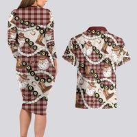 Cowboy Hawaii Mele Kalikimaka Couples Matching Long Sleeve Bodycon Dress and Hawaiian Shirt Paniolo Kukui Nut Pikake Lei Burgundy Version - Polynesian Pride