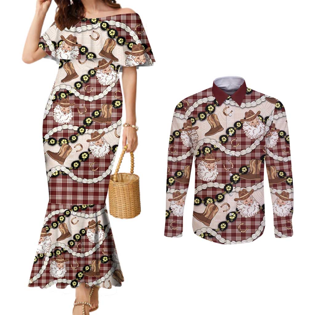 Cowboy Hawaii Mele Kalikimaka Couples Matching Mermaid Dress and Long Sleeve Button Shirt Paniolo Kukui Nut Pikake Lei Burgundy Version - Polynesian Pride
