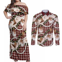 Cowboy Hawaii Mele Kalikimaka Couples Matching Off Shoulder Maxi Dress and Long Sleeve Button Shirt Paniolo Kukui Nut Pikake Lei Burgundy Version - Polynesian Pride