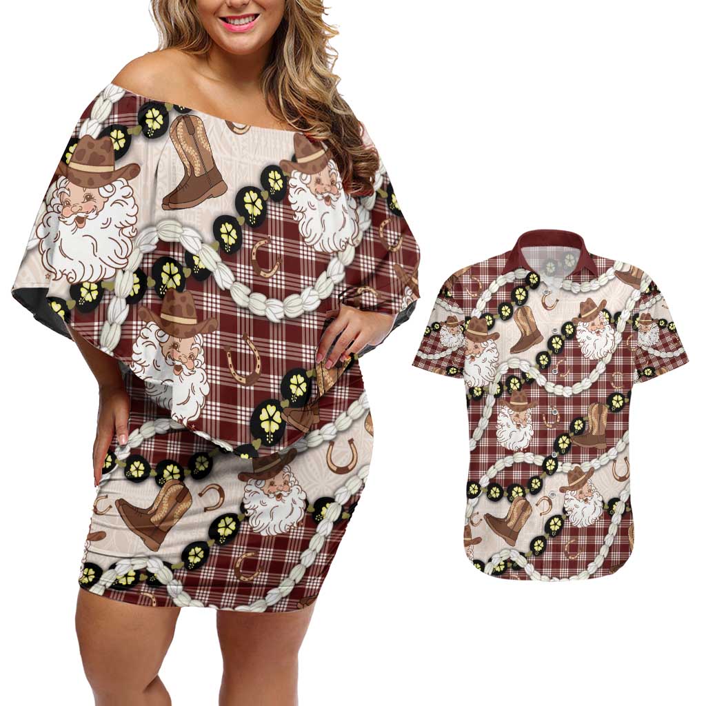 Cowboy Hawaii Mele Kalikimaka Couples Matching Off Shoulder Short Dress and Hawaiian Shirt Paniolo Kukui Nut Pikake Lei Burgundy Version - Polynesian Pride