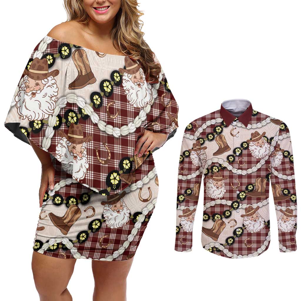 Cowboy Hawaii Mele Kalikimaka Couples Matching Off Shoulder Short Dress and Long Sleeve Button Shirt Paniolo Kukui Nut Pikake Lei Burgundy Version - Polynesian Pride