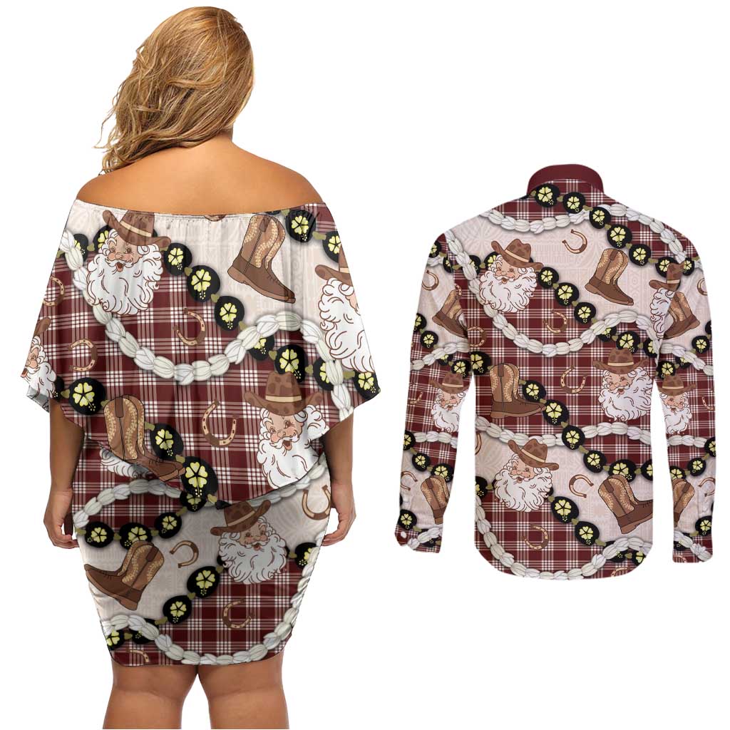 Cowboy Hawaii Mele Kalikimaka Couples Matching Off Shoulder Short Dress and Long Sleeve Button Shirt Paniolo Kukui Nut Pikake Lei Burgundy Version - Polynesian Pride
