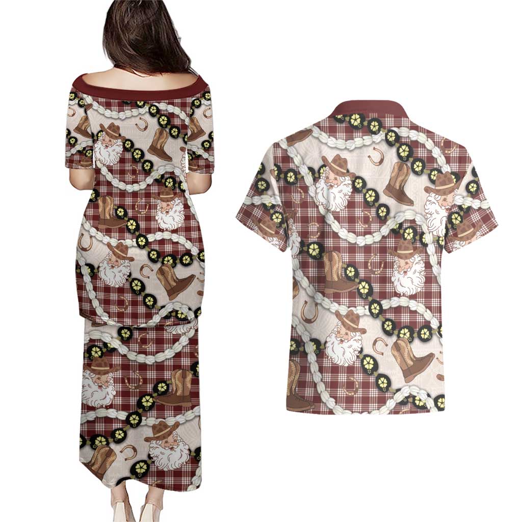 Cowboy Hawaii Mele Kalikimaka Couples Matching Puletasi and Hawaiian Shirt Paniolo Kukui Nut Pikake Lei Burgundy Version - Polynesian Pride