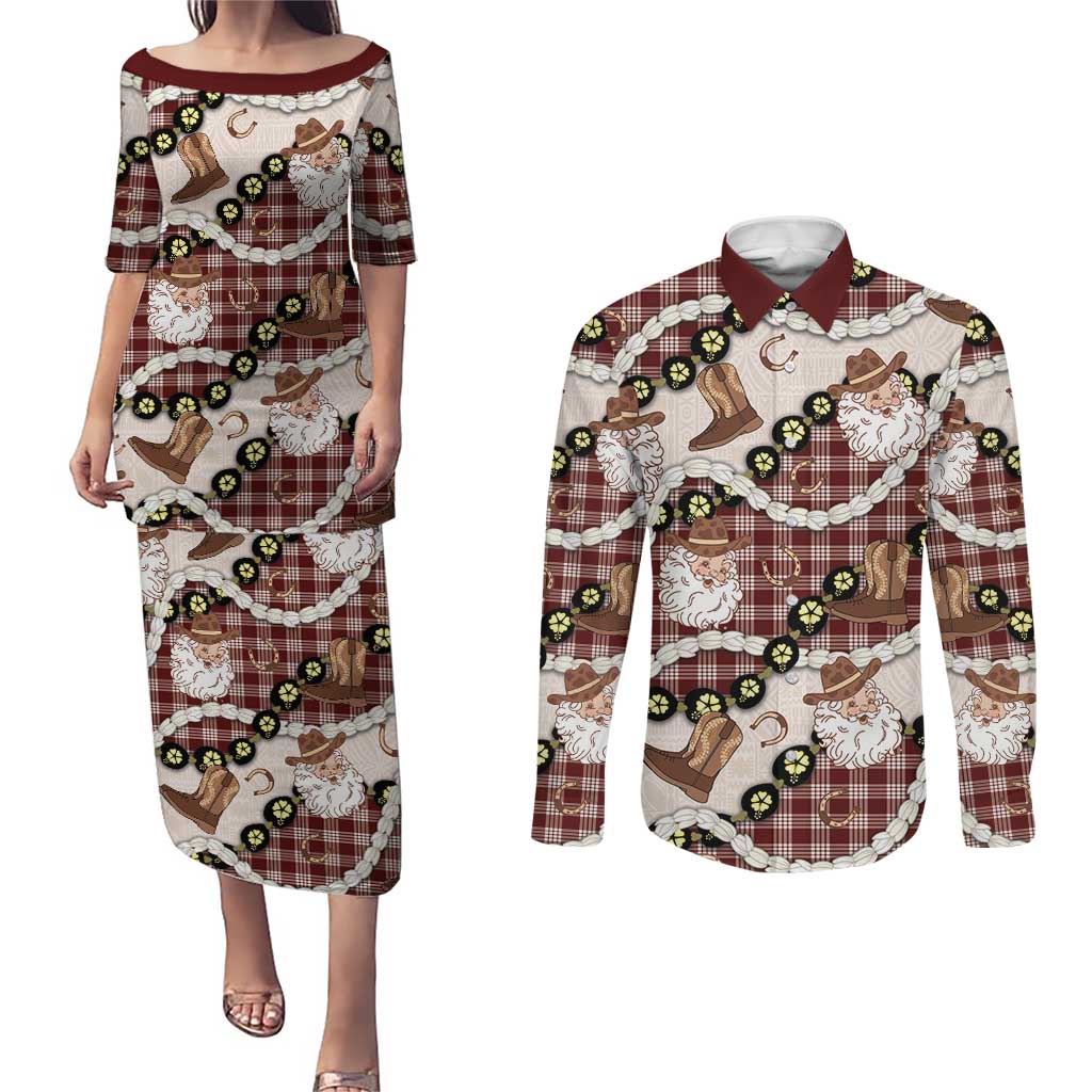 Cowboy Hawaii Mele Kalikimaka Couples Matching Puletasi and Long Sleeve Button Shirt Paniolo Kukui Nut Pikake Lei Burgundy Version - Polynesian Pride