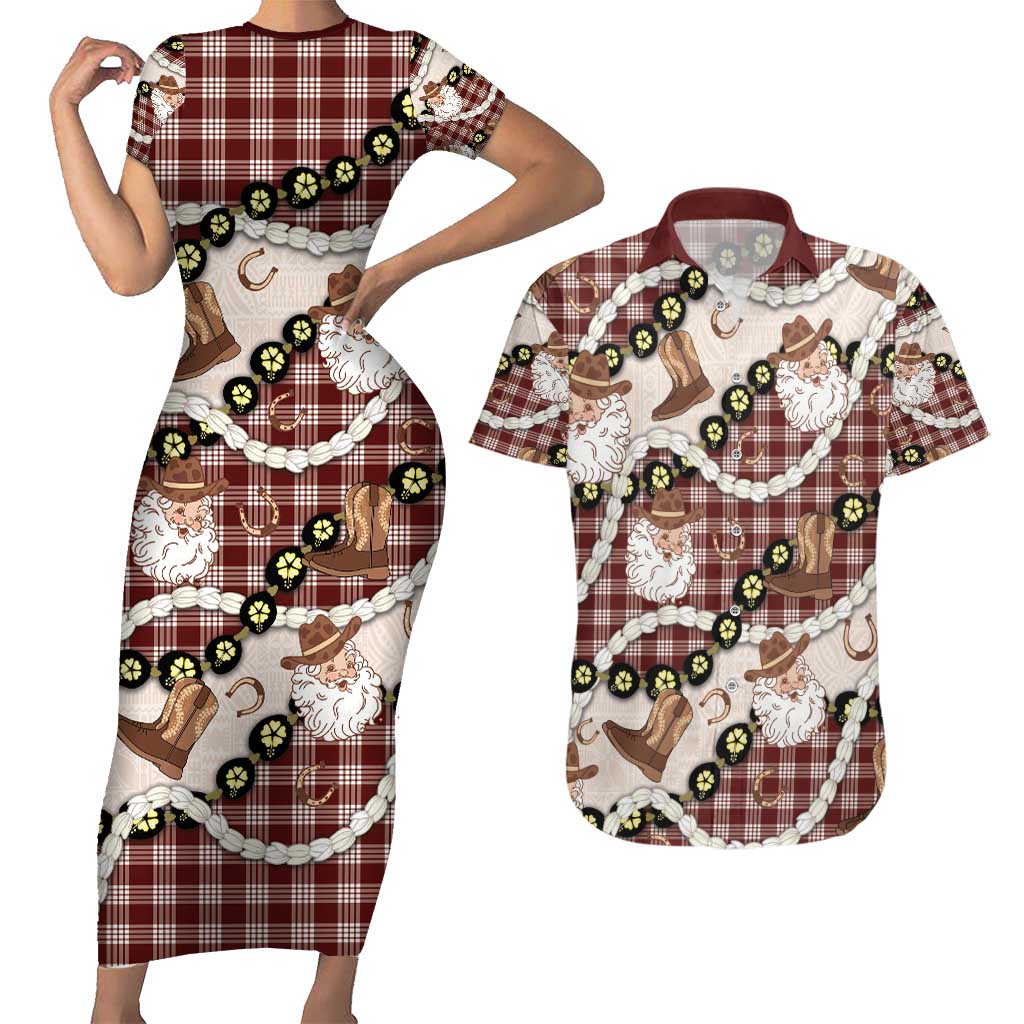 Cowboy Hawaii Mele Kalikimaka Couples Matching Short Sleeve Bodycon Dress and Hawaiian Shirt Paniolo Kukui Nut Pikake Lei Burgundy Version - Polynesian Pride