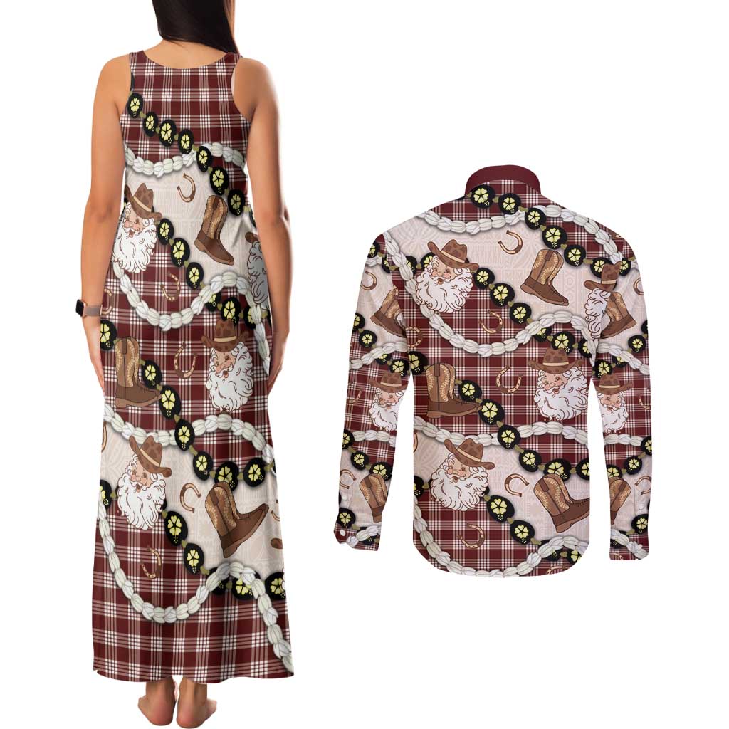 Cowboy Hawaii Mele Kalikimaka Couples Matching Tank Maxi Dress and Long Sleeve Button Shirt Paniolo Kukui Nut Pikake Lei Burgundy Version - Polynesian Pride