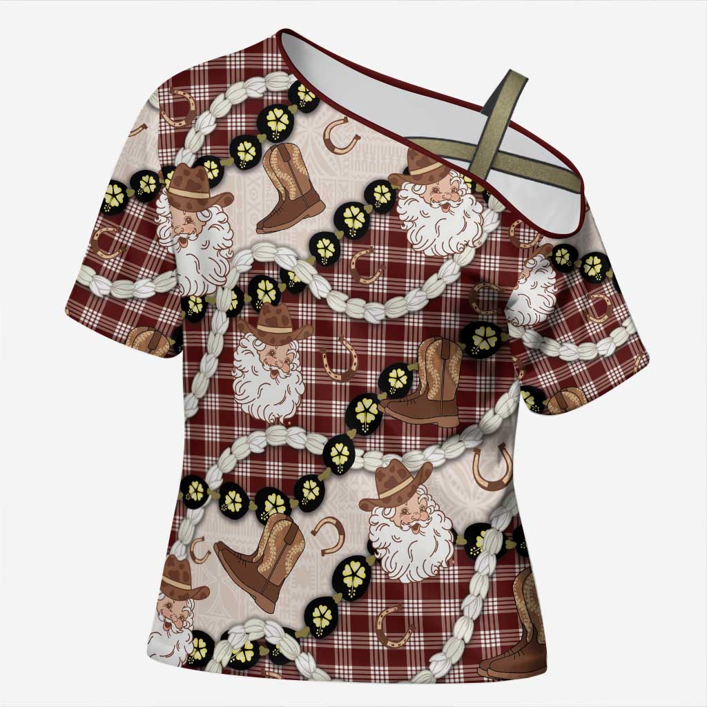 Cowboy Hawaii Mele Kalikimaka Cross Shoulder Shirt Paniolo Kukui Nut Pikake Lei Burgundy Version - Polynesian Pride