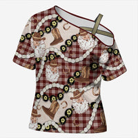 Cowboy Hawaii Mele Kalikimaka Cross Shoulder Shirt Paniolo Kukui Nut Pikake Lei Burgundy Version - Polynesian Pride