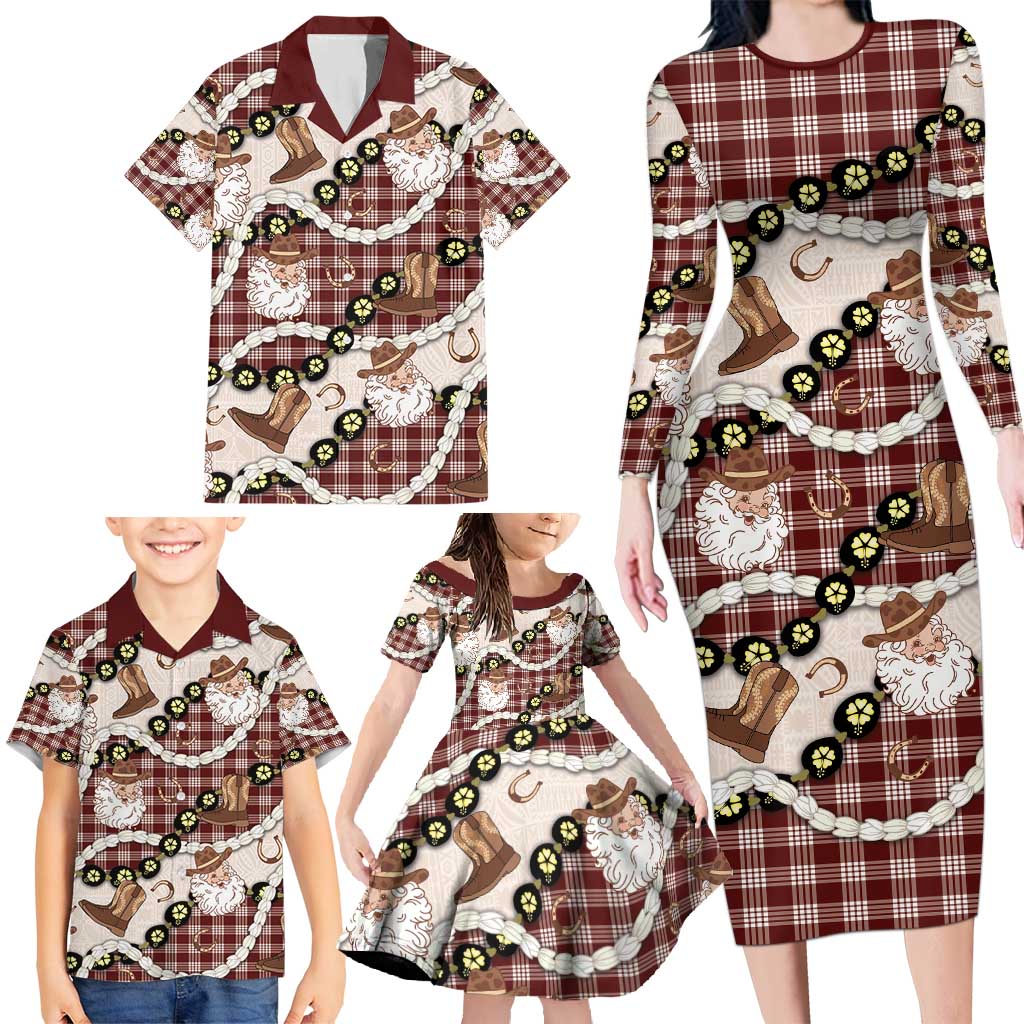 Cowboy Hawaii Mele Kalikimaka Family Matching Long Sleeve Bodycon Dress and Hawaiian Shirt Paniolo Kukui Nut Pikake Lei Burgundy Version - Polynesian Pride