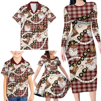 Cowboy Hawaii Mele Kalikimaka Family Matching Long Sleeve Bodycon Dress and Hawaiian Shirt Paniolo Kukui Nut Pikake Lei Burgundy Version - Polynesian Pride