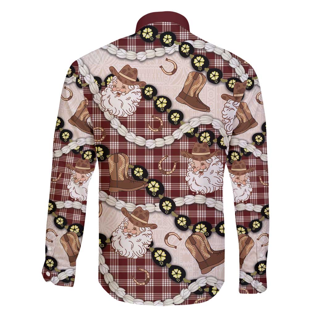 Cowboy Hawaii Mele Kalikimaka Family Matching Long Sleeve Bodycon Dress and Hawaiian Shirt Paniolo Kukui Nut Pikake Lei Burgundy Version - Polynesian Pride