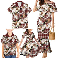 Cowboy Hawaii Mele Kalikimaka Family Matching Mermaid Dress and Hawaiian Shirt Paniolo Kukui Nut Pikake Lei Burgundy Version - Polynesian Pride