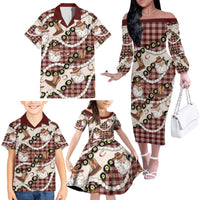 Cowboy Hawaii Mele Kalikimaka Family Matching Off The Shoulder Long Sleeve Dress and Hawaiian Shirt Paniolo Kukui Nut Pikake Lei Burgundy Version - Polynesian Pride