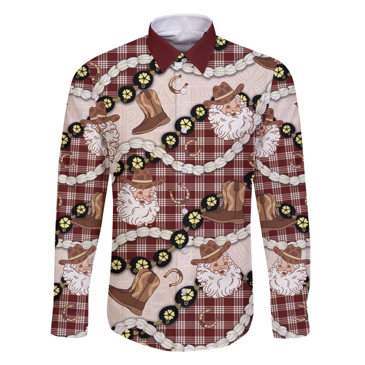 Cowboy Hawaii Mele Kalikimaka Family Matching Off The Shoulder Long Sleeve Dress and Hawaiian Shirt Paniolo Kukui Nut Pikake Lei Burgundy Version - Polynesian Pride