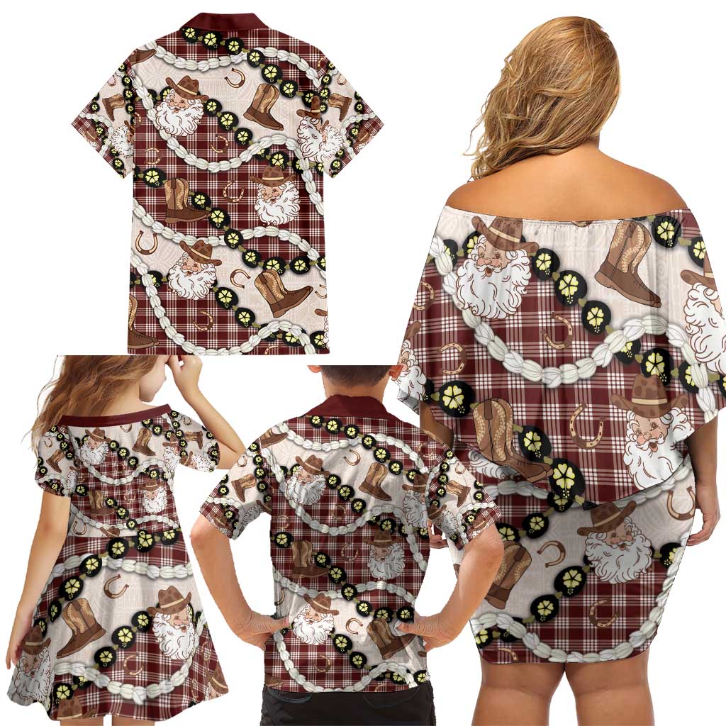 Cowboy Hawaii Mele Kalikimaka Family Matching Off Shoulder Short Dress and Hawaiian Shirt Paniolo Kukui Nut Pikake Lei Burgundy Version - Polynesian Pride