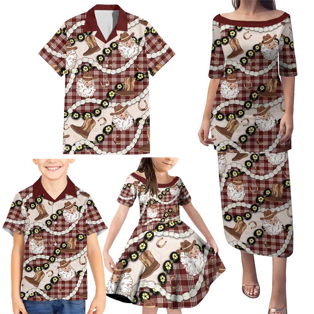 Cowboy Hawaii Mele Kalikimaka Family Matching Puletasi and Hawaiian Shirt Paniolo Kukui Nut Pikake Lei Burgundy Version - Polynesian Pride