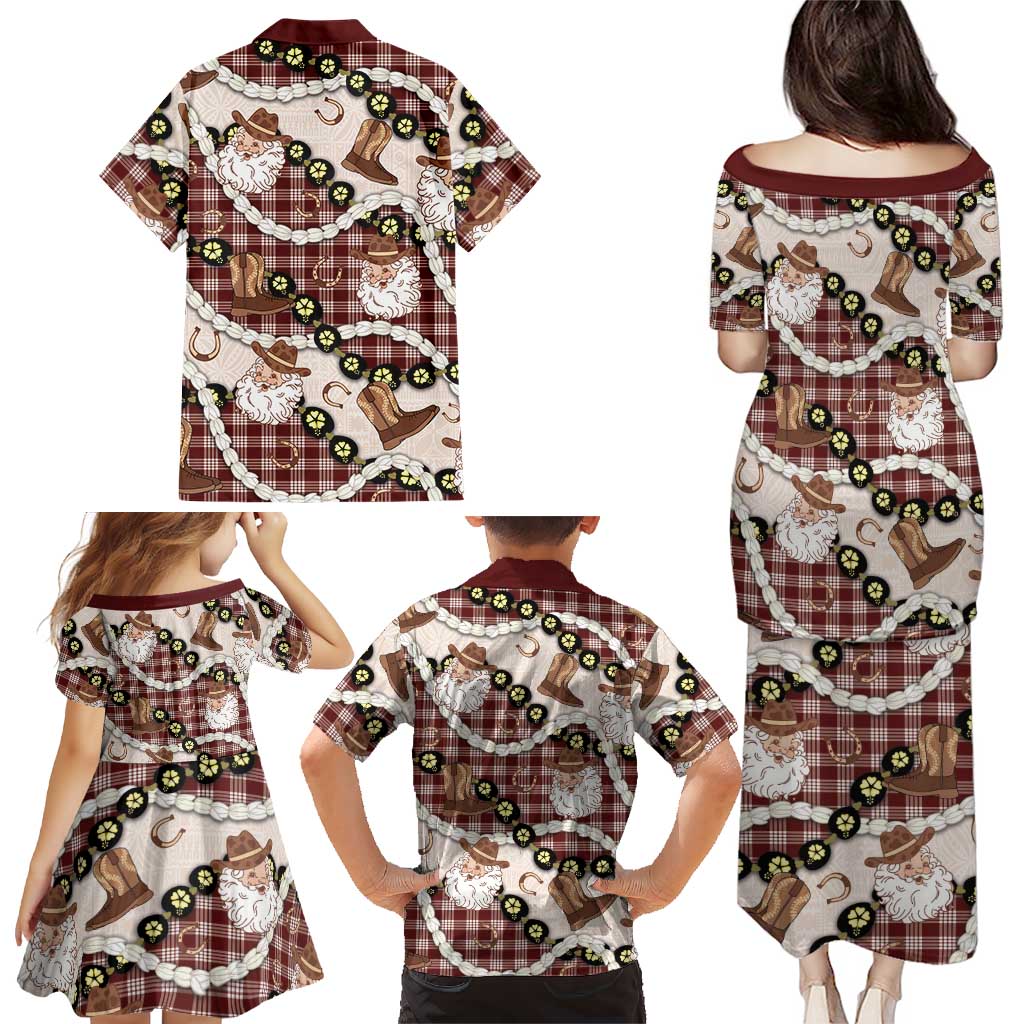 Cowboy Hawaii Mele Kalikimaka Family Matching Puletasi and Hawaiian Shirt Paniolo Kukui Nut Pikake Lei Burgundy Version - Polynesian Pride