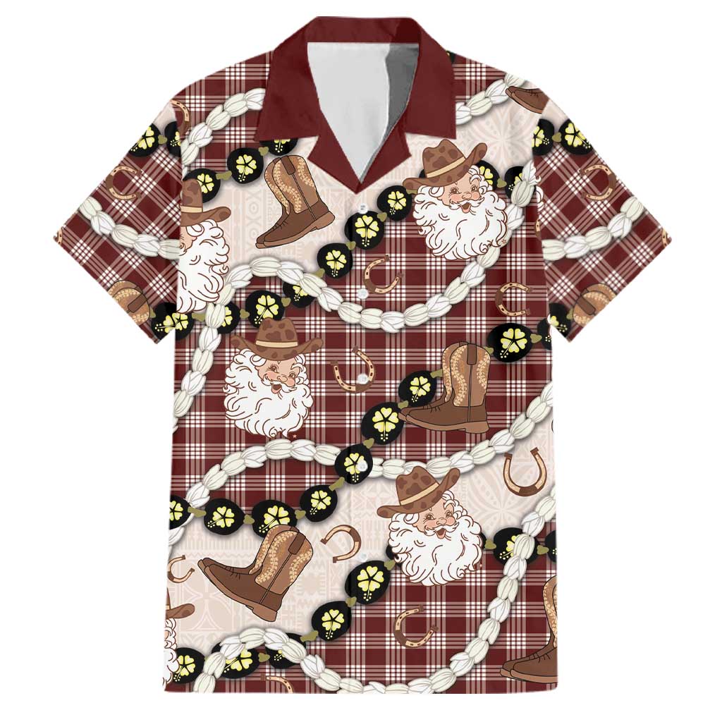 Cowboy Hawaii Mele Kalikimaka Family Matching Puletasi and Hawaiian Shirt Paniolo Kukui Nut Pikake Lei Burgundy Version - Polynesian Pride