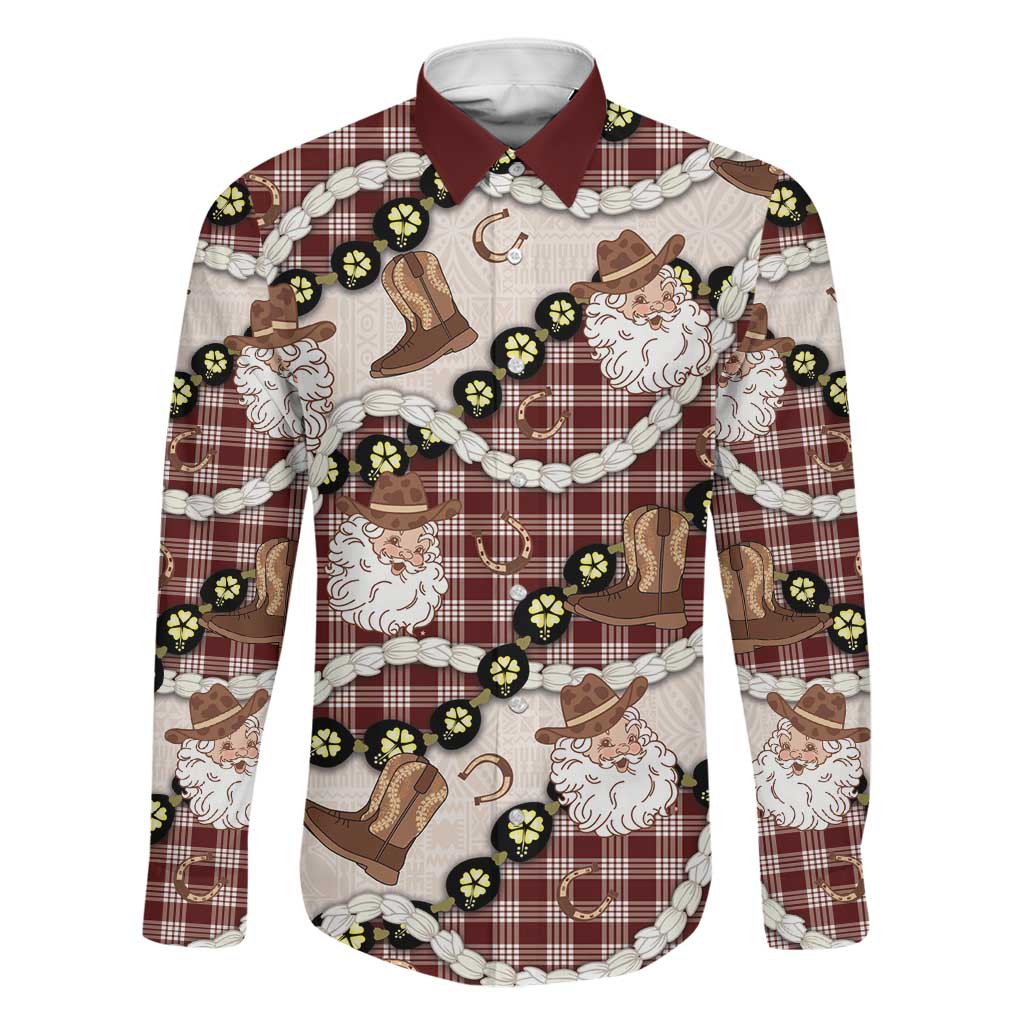 Cowboy Hawaii Mele Kalikimaka Family Matching Puletasi and Hawaiian Shirt Paniolo Kukui Nut Pikake Lei Burgundy Version - Polynesian Pride