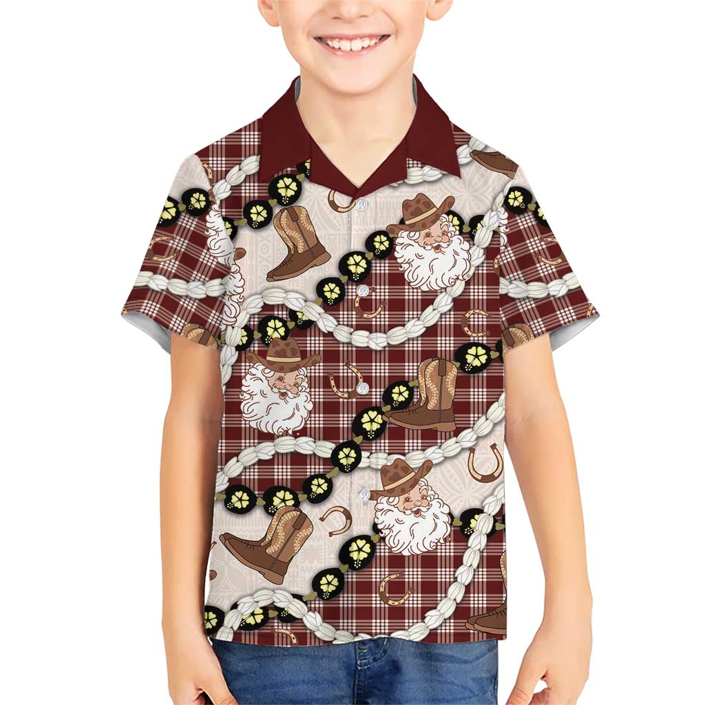 Cowboy Hawaii Mele Kalikimaka Family Matching Puletasi and Hawaiian Shirt Paniolo Kukui Nut Pikake Lei Burgundy Version - Polynesian Pride