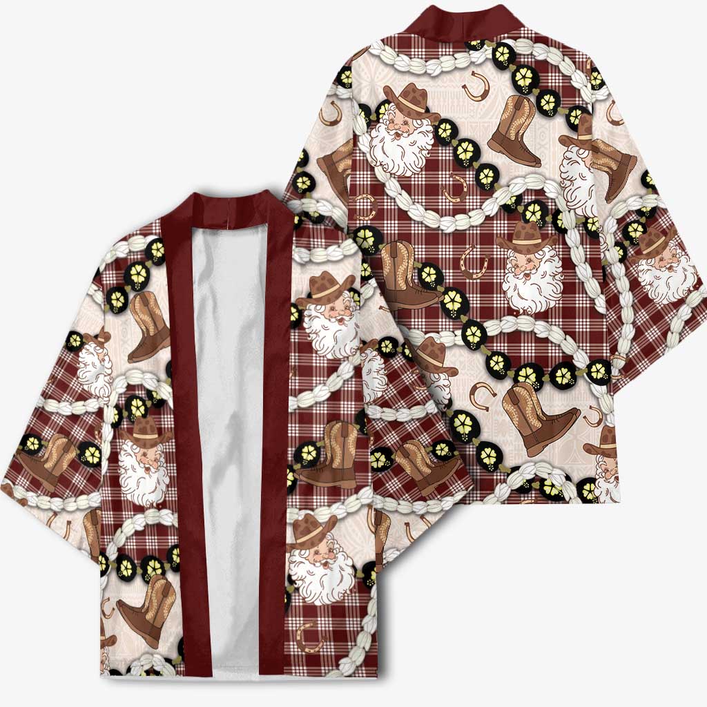 Cowboy Hawaii Mele Kalikimaka Kimono Paniolo Kukui Nut Pikake Lei Burgundy Version - Polynesian Pride